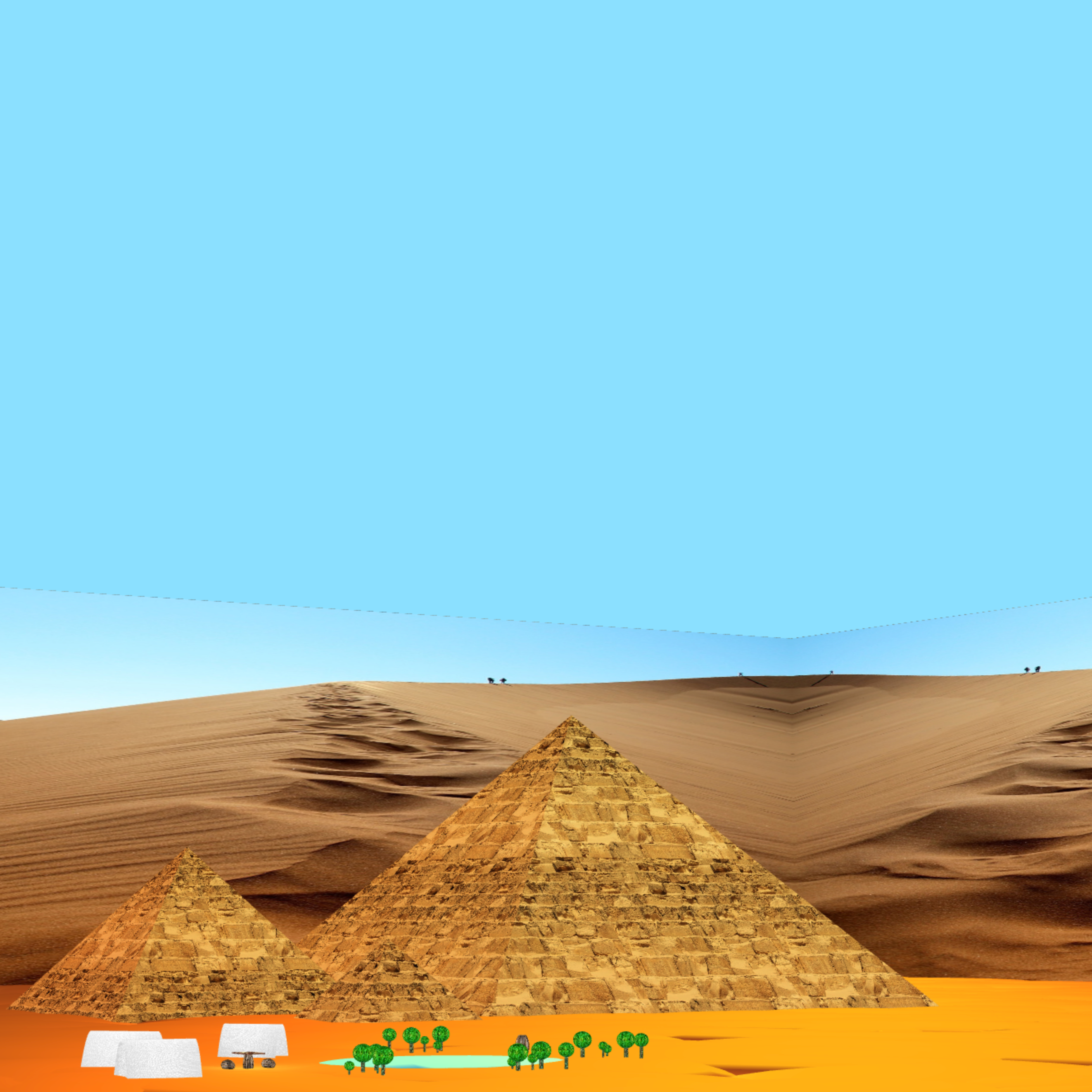 3 pyramids in the desert being placed by an alien spaceship